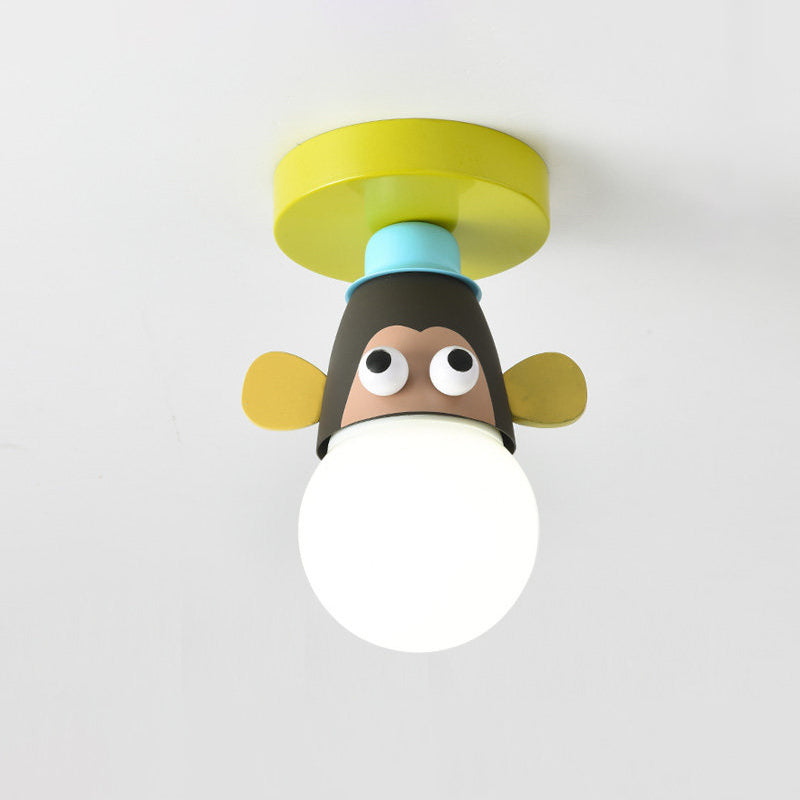 Single Bulb Bedroom Semi-Flush Mount Lighting Kids Yellow Ceiling Lamp with Giraffe / Monkey / Tiger Metal Shade