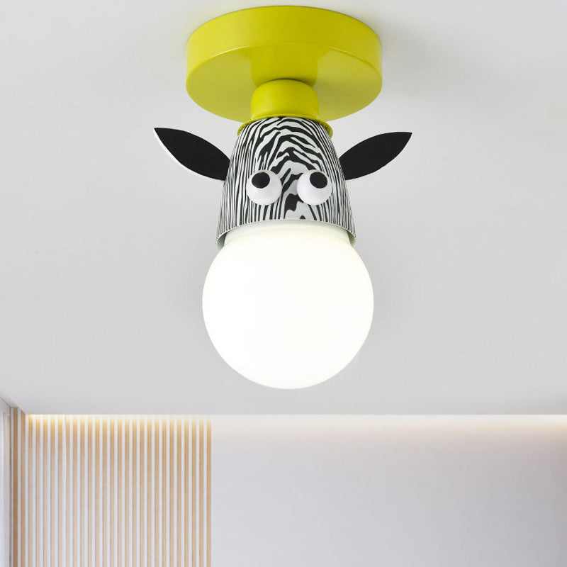 Single Bulb Bedroom Semi-Flush Mount Lighting Kids Yellow Ceiling Lamp with Giraffe / Monkey / Tiger Metal Shade
