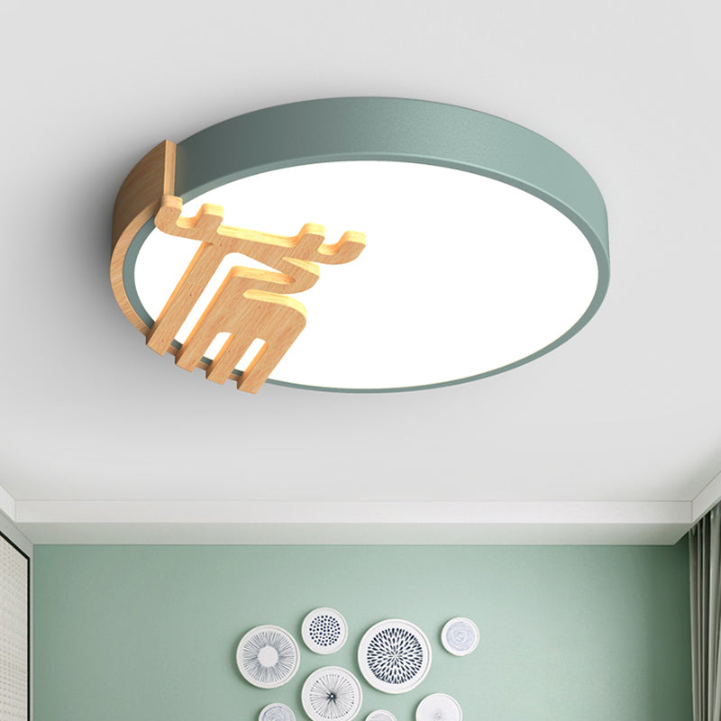 Drum Flush Light Fixture Nordic Acrilico Led Grigio / Bianco / Verde Close to Ceiling Light con Wood Deere Decoration