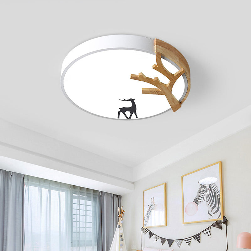 Drum Acrylic Flush Mount Lighting Contemporary Led Green/White/Gray Ceiling Light Fixture with Deer Decoration