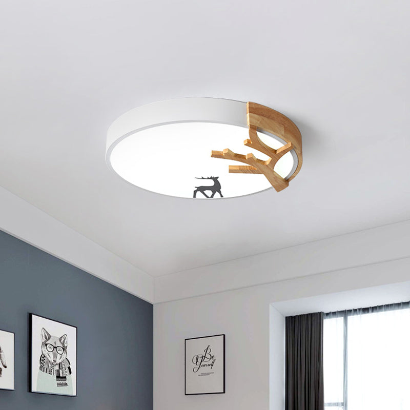 Drum Acrylic Flush Mount Lighting Contemporary Led Green/White/Gray Ceiling Light Fixture with Deer Decoration