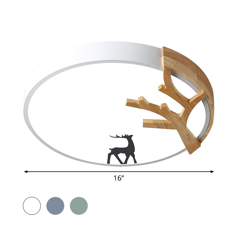 Drum Acrylic Flush Mount Lighting Contemporary Led Green/White/Gray Ceiling Light Fixture with Deer Decoration