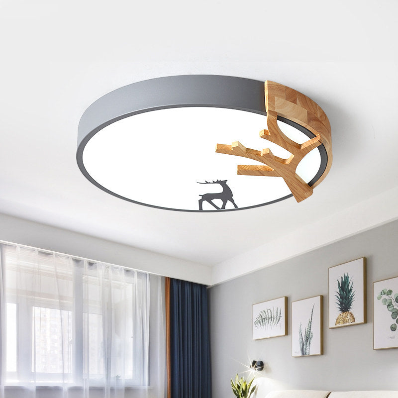 Drum Acrylic Flush Mount Lighting Contemporary Led Green/White/Gray Ceiling Light Fixture with Deer Decoration