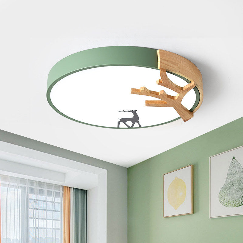 Drum Acrylic Flush Mount Lighting Contemporary Led Green/White/Gray Ceiling Light Fixture with Deer Decoration