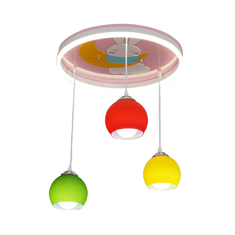 Rabbit Pattern Circle Semi Flush Light Cartoon Acrylic 3-Head Pink Ceiling Mount Lamp with Dangling Colorful Dome Shade