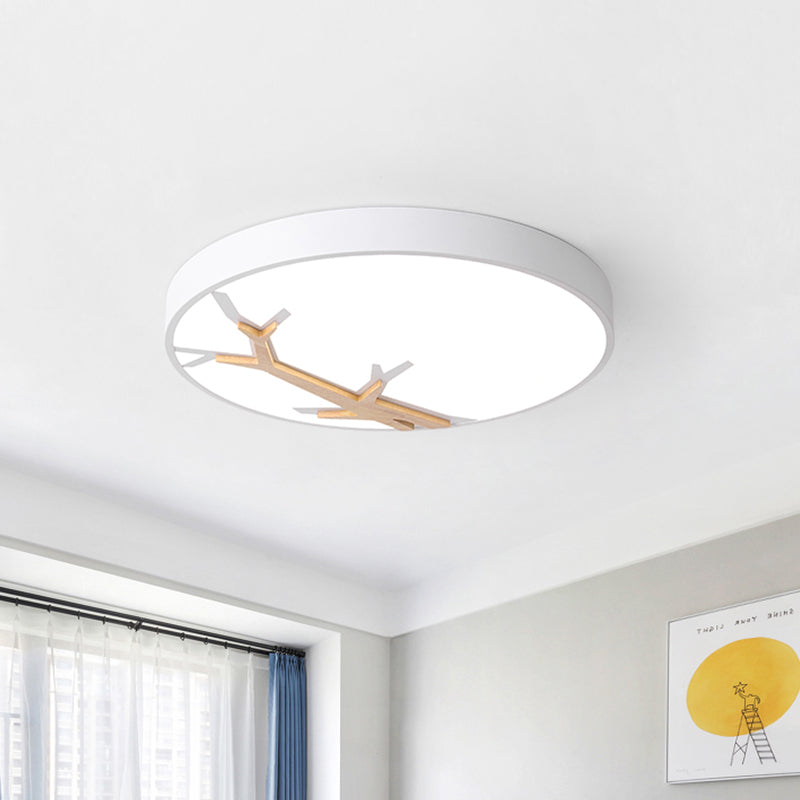 Nordic Round Iron Flushmount LED Ceiling Lighting with Withered Branch Pattern in Grey/White/Blue-Wood