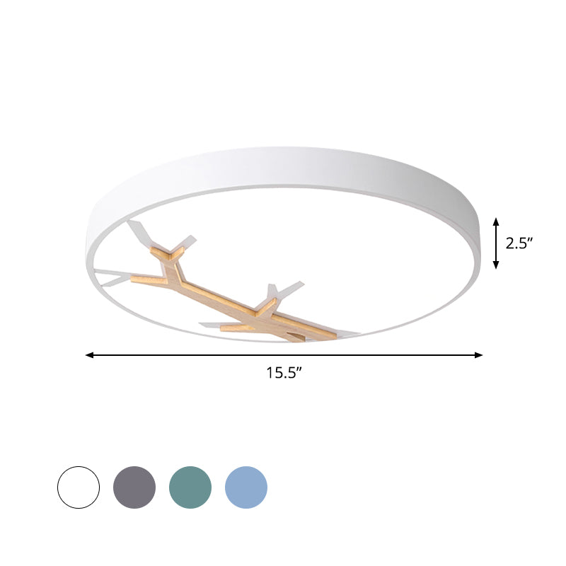 Nordic Round Iron Flushmount LED Ceiling Lighting with Withered Branch Pattern in Grey/White/Blue-Wood