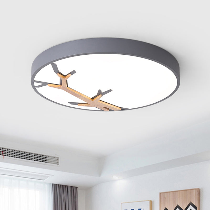 Nordic Round Iron Flushmount LED Ceiling Lighting with Withered Branch Pattern in Grey/White/Blue-Wood