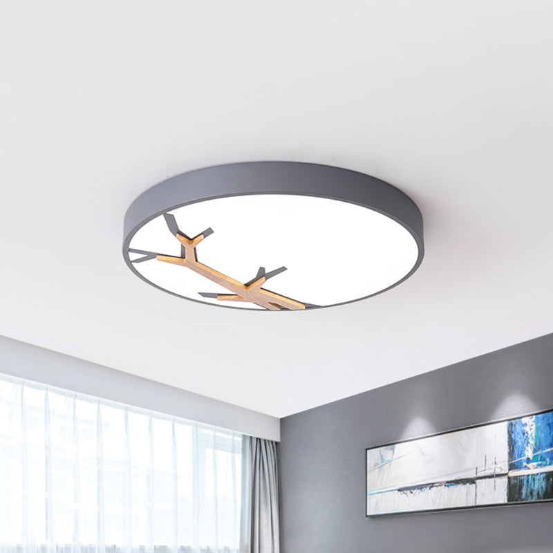 Nordic Round Iron Flushmount LED Ceiling Lighting with Withered Branch Pattern in Grey/White/Blue-Wood