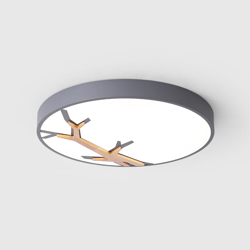 Nordic Round Iron Flushmount LED Ceiling Lighting with Withered Branch Pattern in Grey/White/Blue-Wood