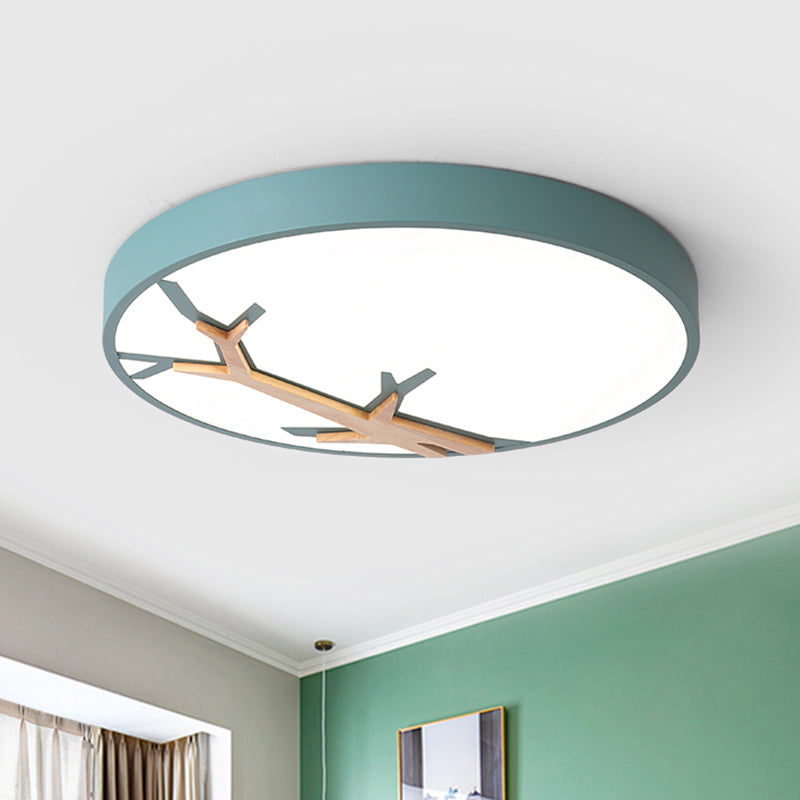 Nordic Round Iron Flushmount LED Ceiling Lighting with Withered Branch Pattern in Grey/White/Blue-Wood