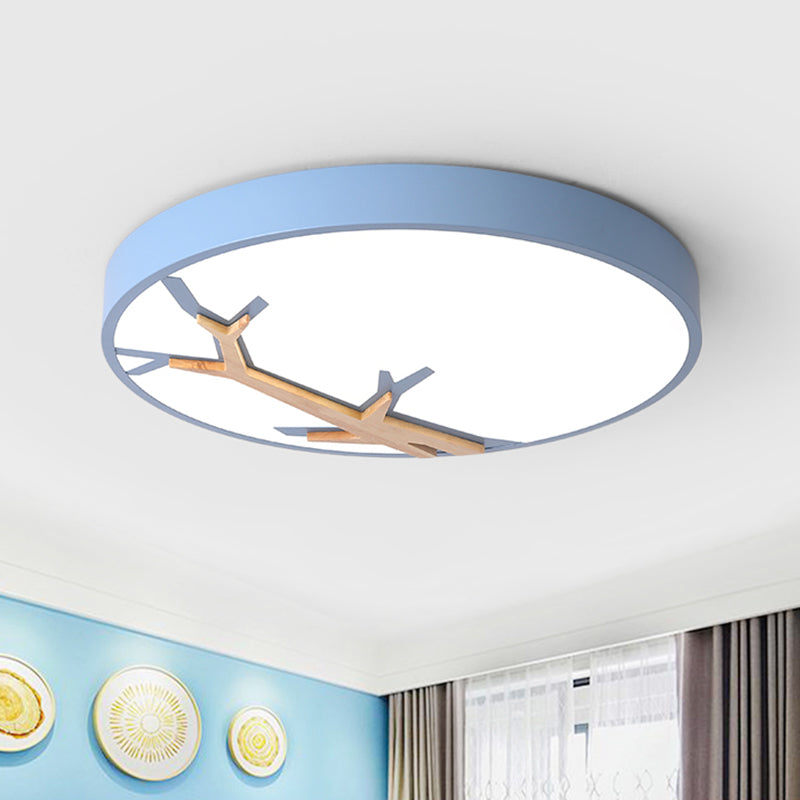 Nordic Round Iron Flushmount LED Ceiling Lighting with Withered Branch Pattern in Grey/White/Blue-Wood