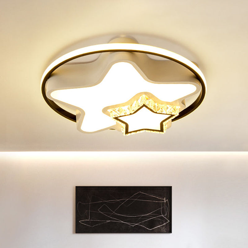 Kids Square/Star/Loving Heart Flushmount Acrylic Bedroom LED Flush Mount Ceiling Light in Black-White with Embedded Crystal Accent