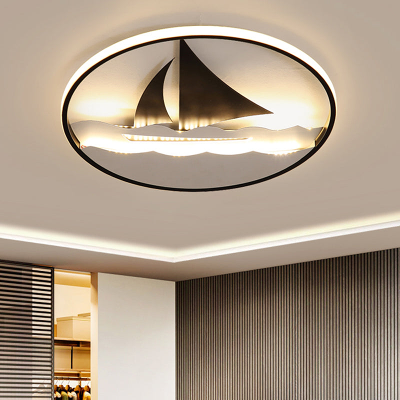 Sailboat On The Ocean Flushmount Lamp Kids Acrylic Black LED Ceiling Mounted Fixture
