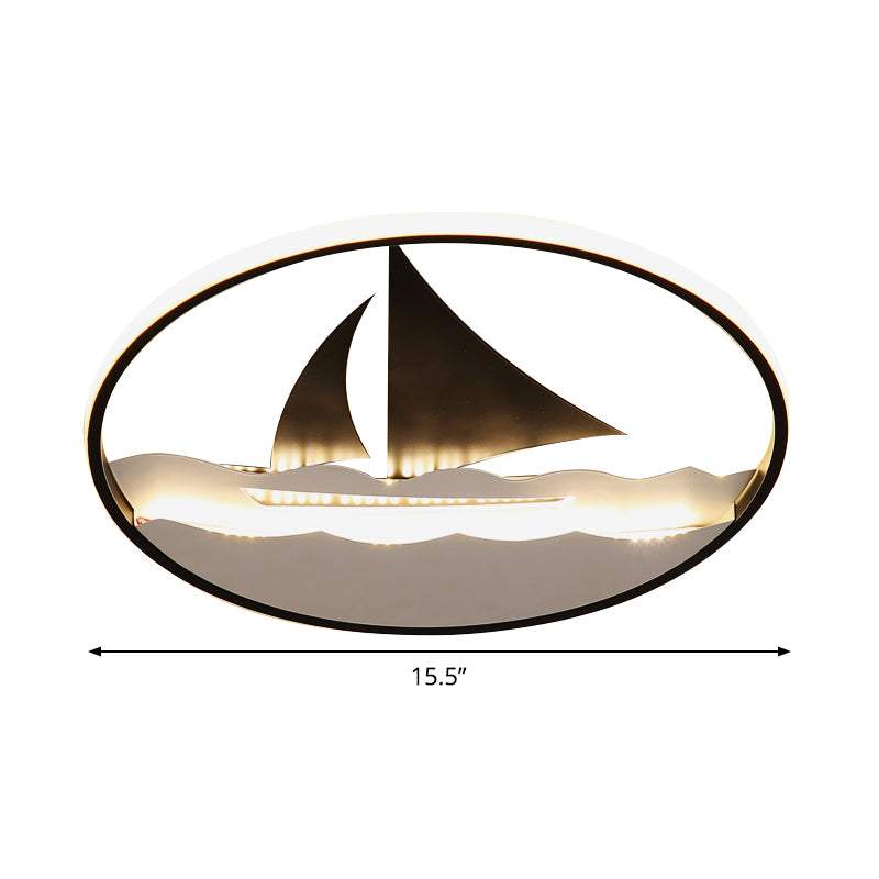 Sailboat On The Ocean Flushmount Lamp Kids Acrylic Black LED Ceiling Mounted Fixture