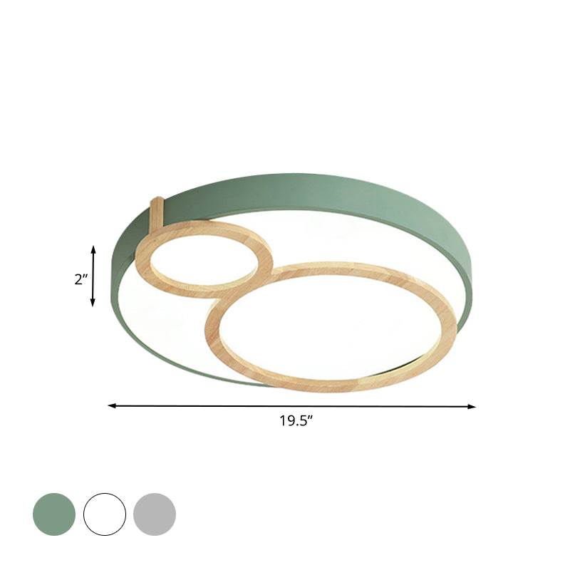 Circular Flush Mounted Light Fixture Macaron Acrylic White/Green/Grey and Wood LED Flush Lamp Fixture