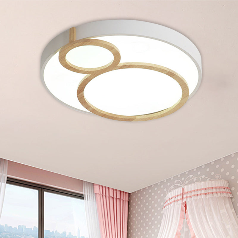Circular Flush Mounted Light Fixture Macaron Acrylic White/Green/Grey and Wood LED Flush Lamp Fixture