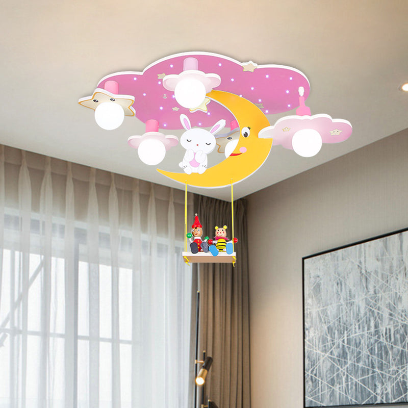 Wood Starry Sky Semi Flush Lamp Cartoon 5 Heads Pink/Blue and Yellow Flush Ceiling Light with Rabbit Deco
