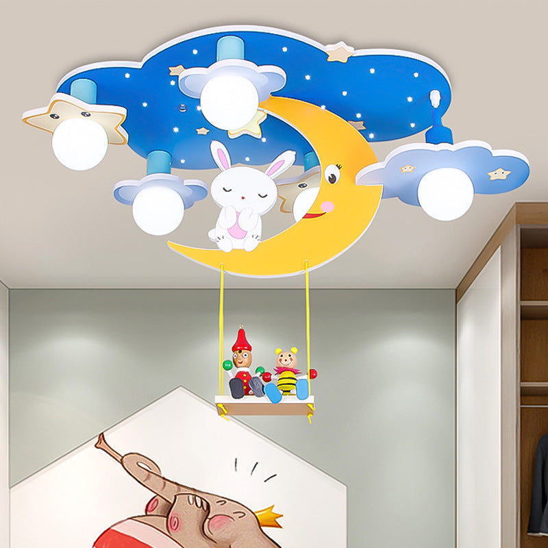 Wood Starry Sky Semi Flush Lamp Cartoon 5 Heads Pink/Blue and Yellow Flush Ceiling Light with Rabbit Deco