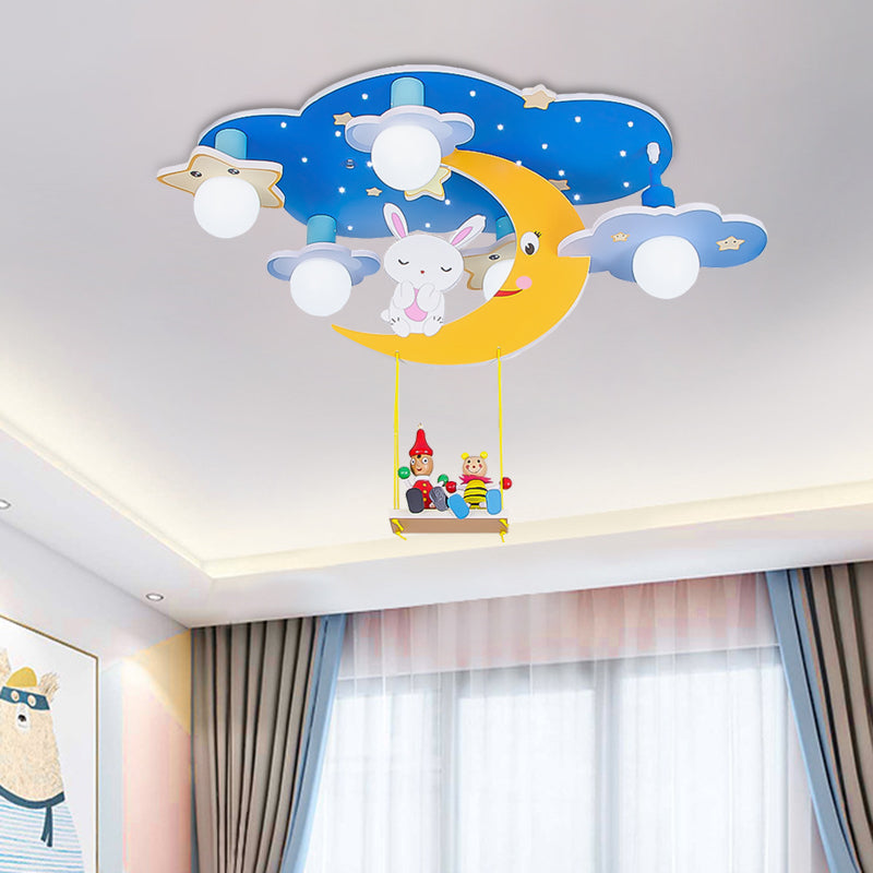 Wood Starry Sky Semi Flush Lamp Cartoon 5 Heads Pink/Blue and Yellow Flush Ceiling Light with Rabbit Deco