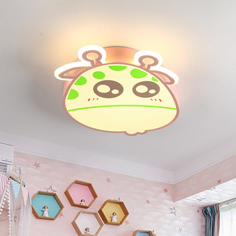Giraffe Head Flush Ceiling Light Cartoon Acrylic Pink/Blue Finish LED Flush Mounted Lamp for Kids Room