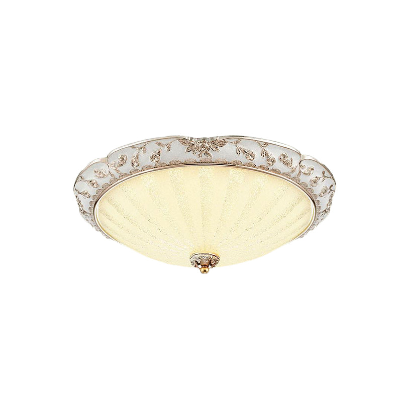 Bowl-Shaped Bedroom Flush Mount Traditional White Glass LED Beige Flushmount with Carved Trim
