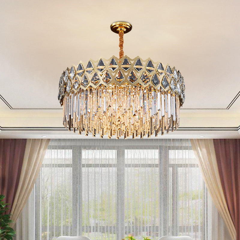 10-Light Chandelier Light Fixture Simple Bedroom Pendant Lamp with Round Crystal Block Shade in Gold