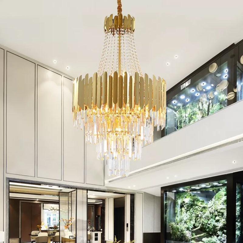 Simplicity Tiered Chandelier Lamp 10 Bulbs Clear Crystal Hanging Light Fixture in Gold with Cone Design