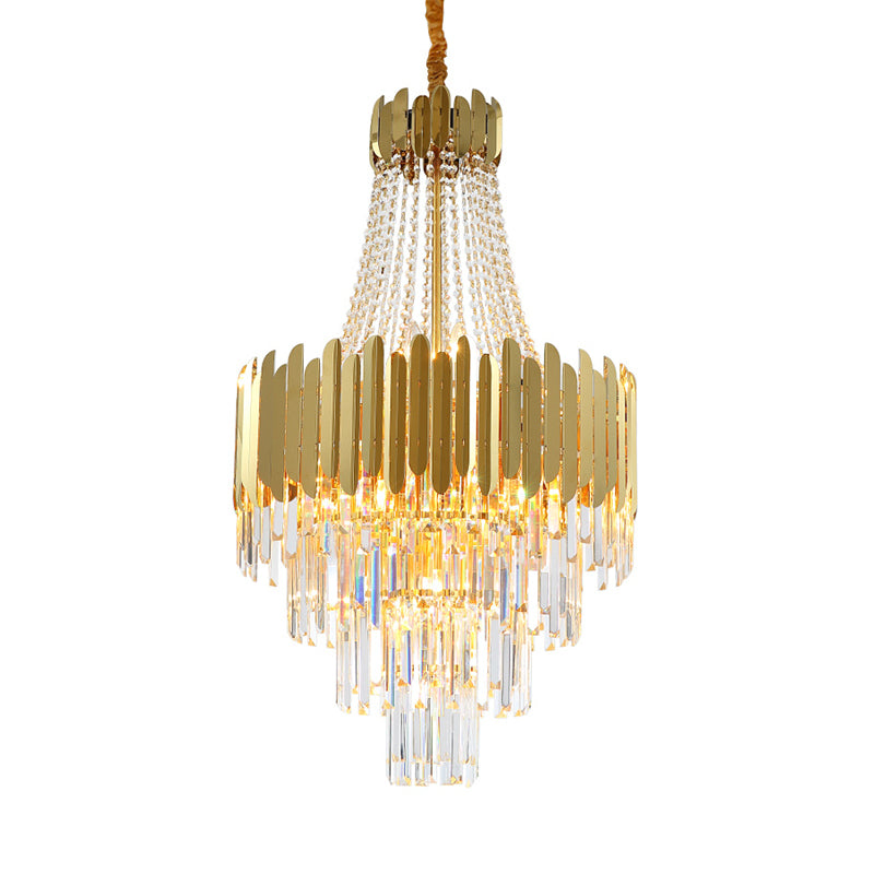 Simplicity Tiered Chandelier Lamp 10 Bulbs Clear Crystal Hanging Light Fixture in Gold with Cone Design