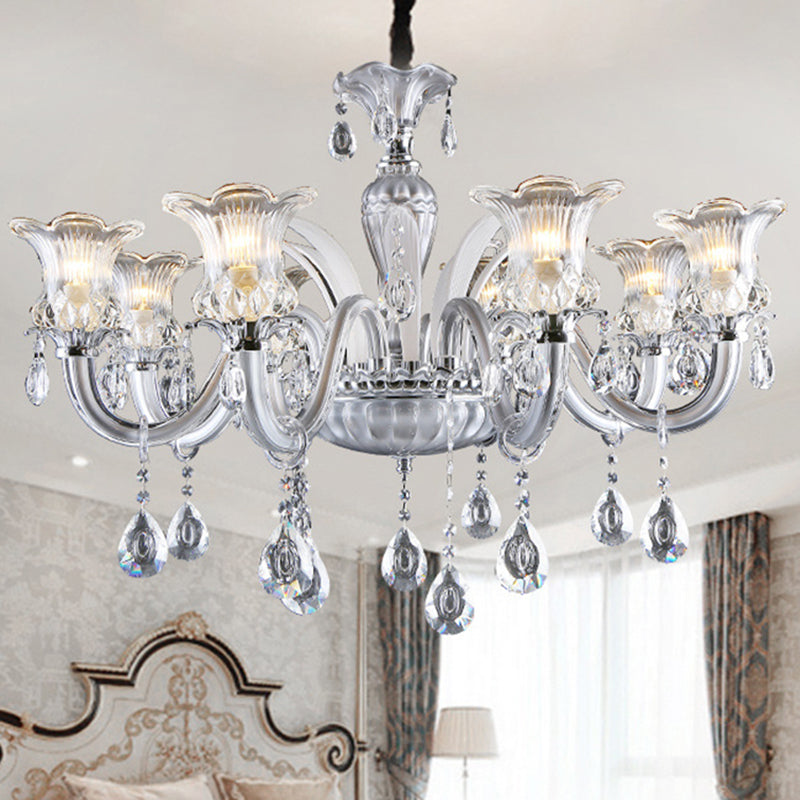 Silver Lampada il lampadario da 6/8 Luci Light Lampada a filo in vetro a costola trasparente con goccia di cristallo