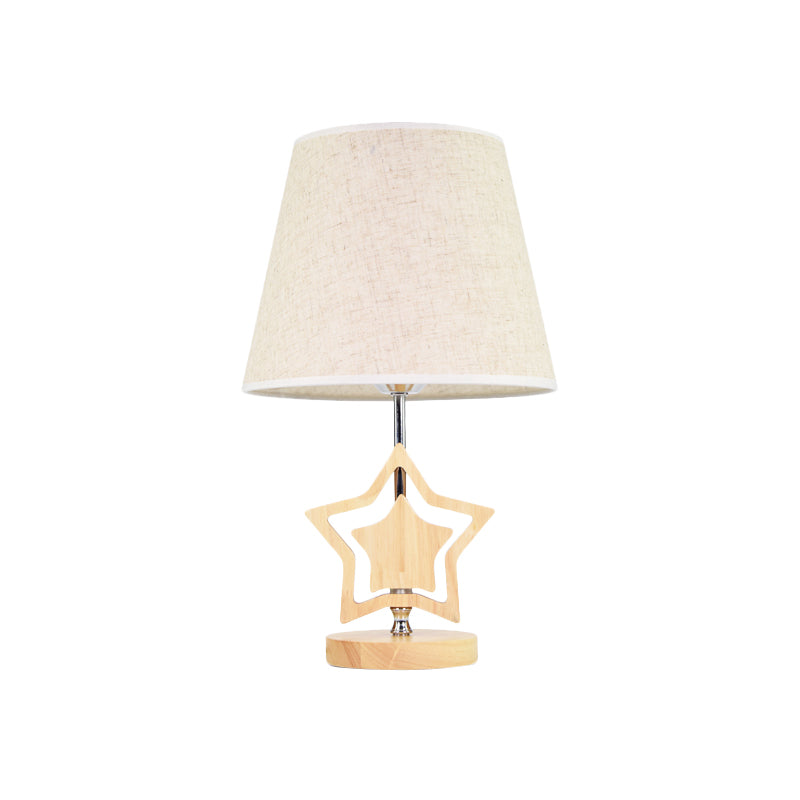 Wood Star Nightstand Lamp Modern 1 Light Table Light with Barrel Fabric Shade in Beige