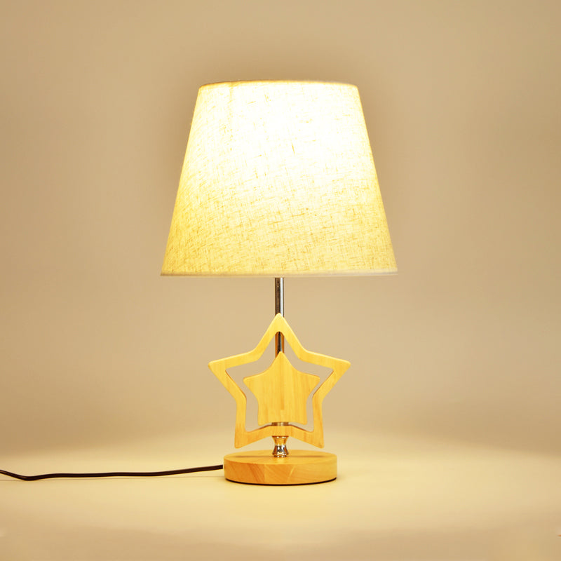 Wood Star Nightstand Lamp Modern 1 Light Table Light with Barrel Fabric Shade in Beige