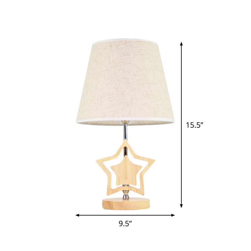 Wood Star Nightstand Lamp Modern 1 Light Table Light with Barrel Fabric Shade in Beige