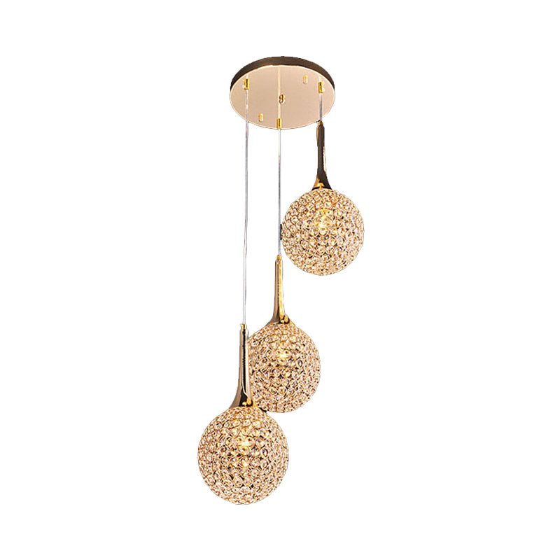 3/8 Heads Multi Light Pendant Simple Dining Room Hanging Lamp Kit with Globe Crystal Encrusted Shade in Gold