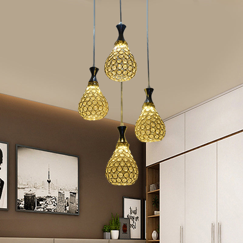 Crystal Teardrop Multi Pendant Light Contemporary 4 Bulbs Dining Room Suspension Lamp in Chrome/Gold