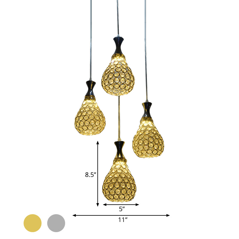 Crystal Teardrop Multi Pendant Light Contemporary 4 Bulbs Dining Room Suspension Lamp in Chrome/Gold