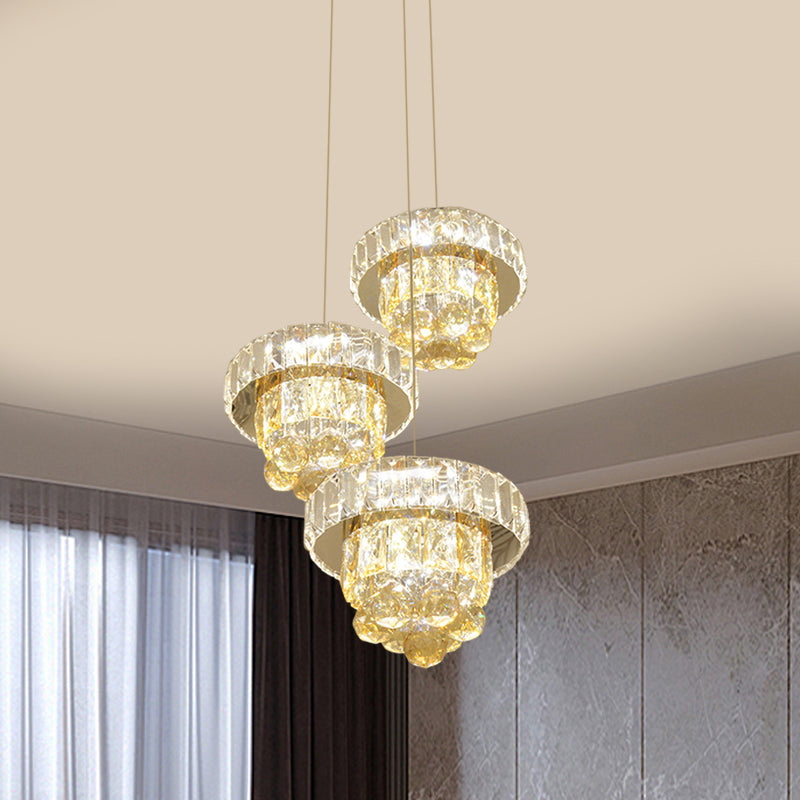 2-Layered Clear Faceted Crystal LED Multi Ceiling Light Modernism 3-Bulb Living Room Pendant Lamp