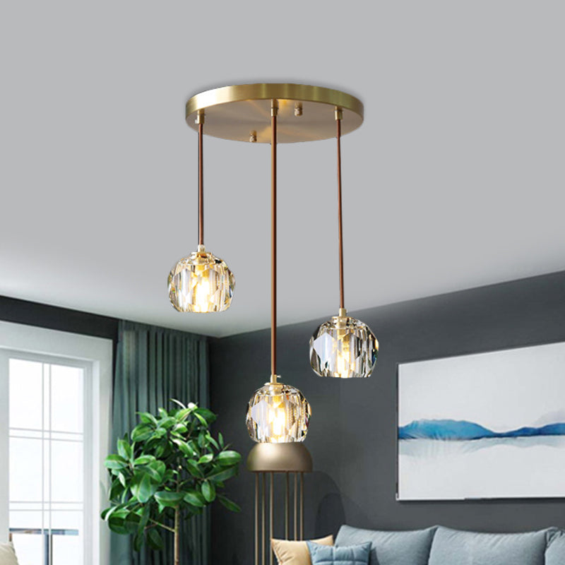 Gold 3 Heads Cluster Pendant Light Light Contemporain Faceted Crystal Dousse de lampe suspendue avec une verrière rond / linéaire