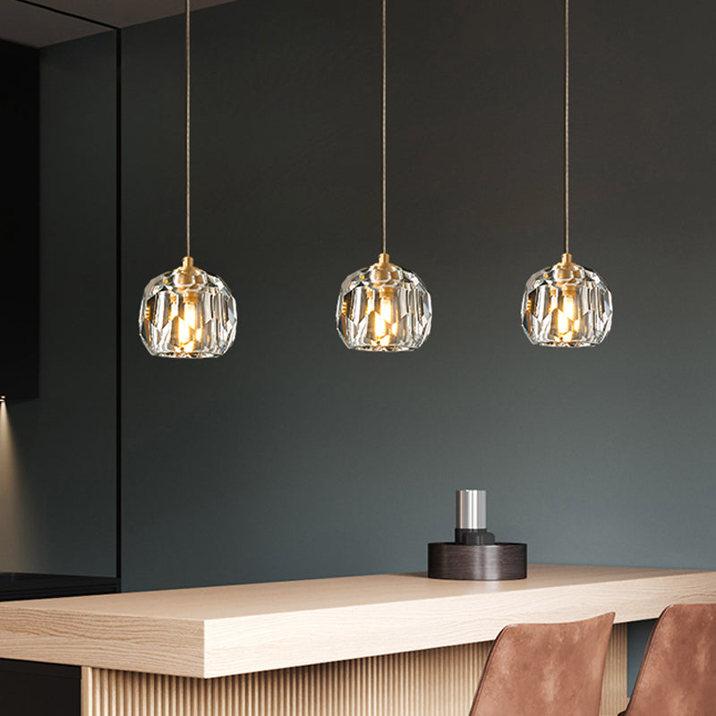 Gold 3 Heads Cluster Pendant Light Light Contemporain Faceted Crystal Dousse de lampe suspendue avec une verrière rond / linéaire