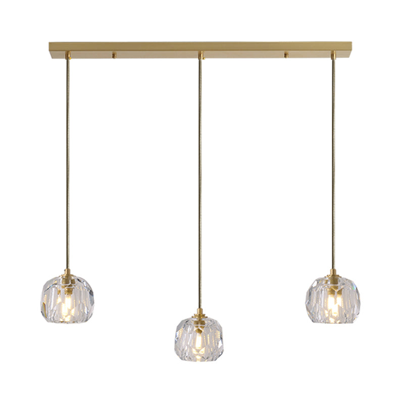 Gold 3 Heads Cluster Pendant Light Light Contemporain Faceted Crystal Dousse de lampe suspendue avec une verrière rond / linéaire