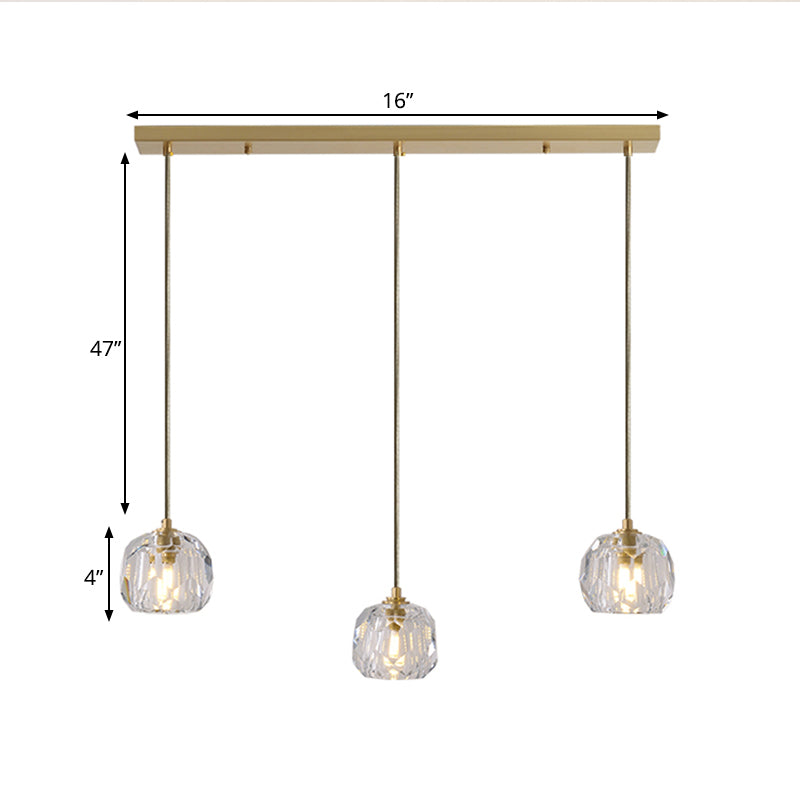 Gold 3 Heads Cluster Pendant Light Light Contemporain Faceted Crystal Dousse de lampe suspendue avec une verrière rond / linéaire