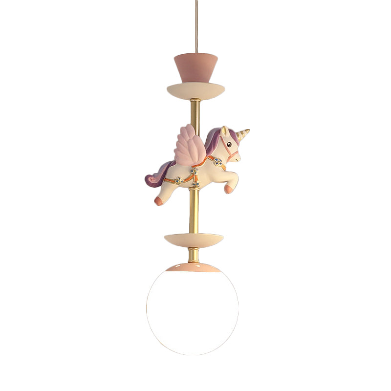 Contemporary 1 Bulb Pedant Lighting Fixture with Opal Glass Shade Pink/Blue Unicorn Hanging Lamp
