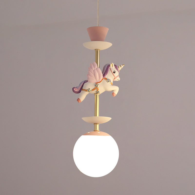Contemporary 1 Bulb Pedant Lighting Fixture with Opal Glass Shade Pink/Blue Unicorn Hanging Lamp