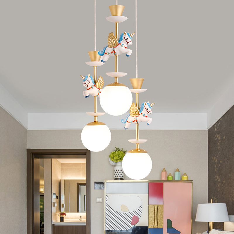 Globe Bedroom Hanging Ceiling Light Glass 3/5 Heads Cartoon Cluster Pendant in Pink/Blue