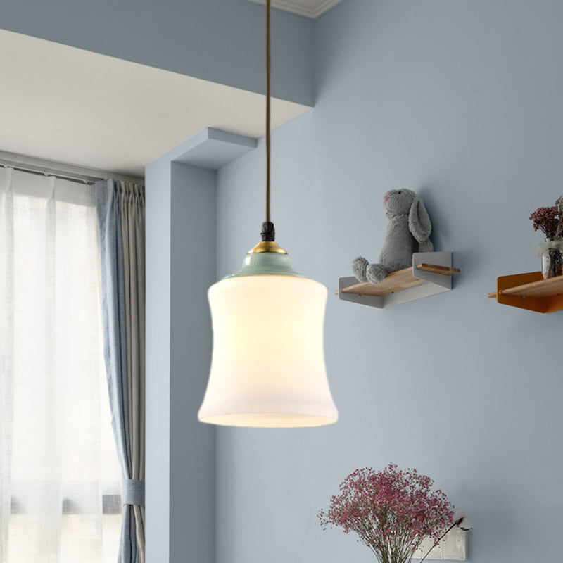1 Light Tulip/Bell Pendant Lamp Traditional White Glass Hanging Light Fixture with Ceramic Top for Restaurant