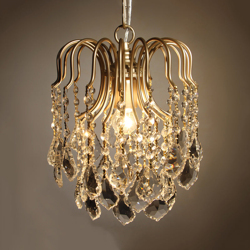 Antiqued Gold 1 Bulb Pendant Lighting Countryside Crystal Draped Hanging Ceiling Light
