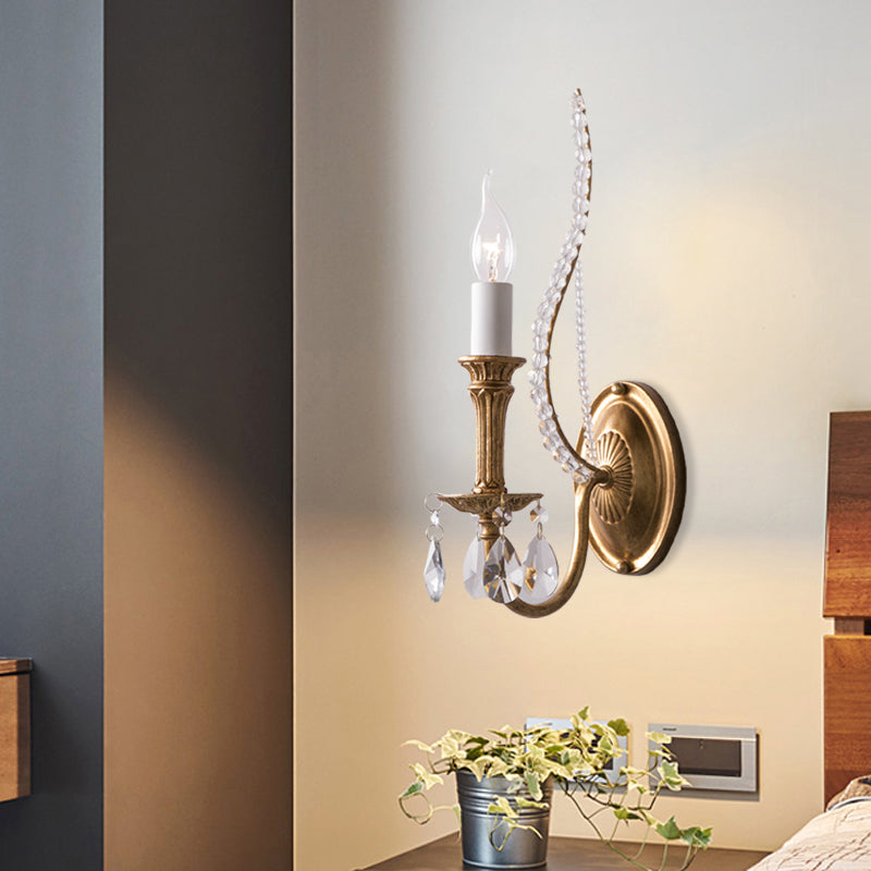 Crystal Strand Candelabra Wall Lighting Country 1/2-Head Bedroom Wall Mount Light Fixture in Gold