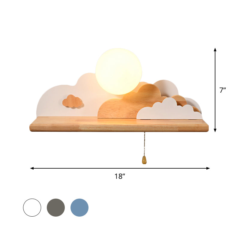 Modern Cloud Wood Sconce Light 1 Light Wall Mounted Light in Blue/White/Gray with Round Glass Shade and on/off Pull Chain