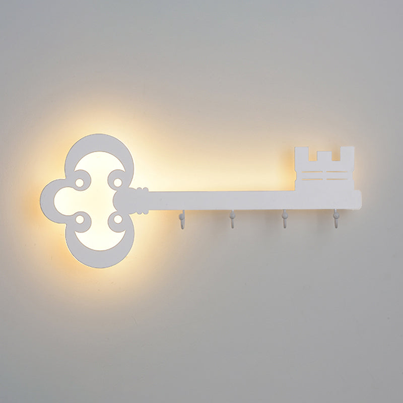 Key Bedroom Sconce Lamp Metal Led Cartoon Wall Mounted Lighting in Black/White/Pink with Hook