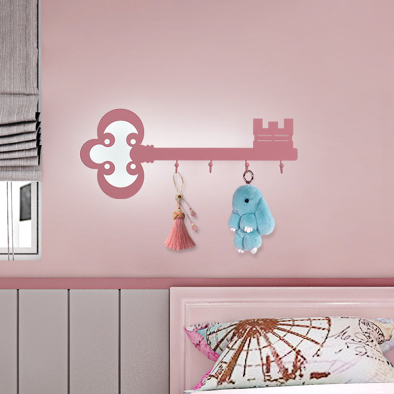 Key Bedroom Sconce Lamp Metal Led Cartoon Wall Mounted Lighting in Black/White/Pink with Hook